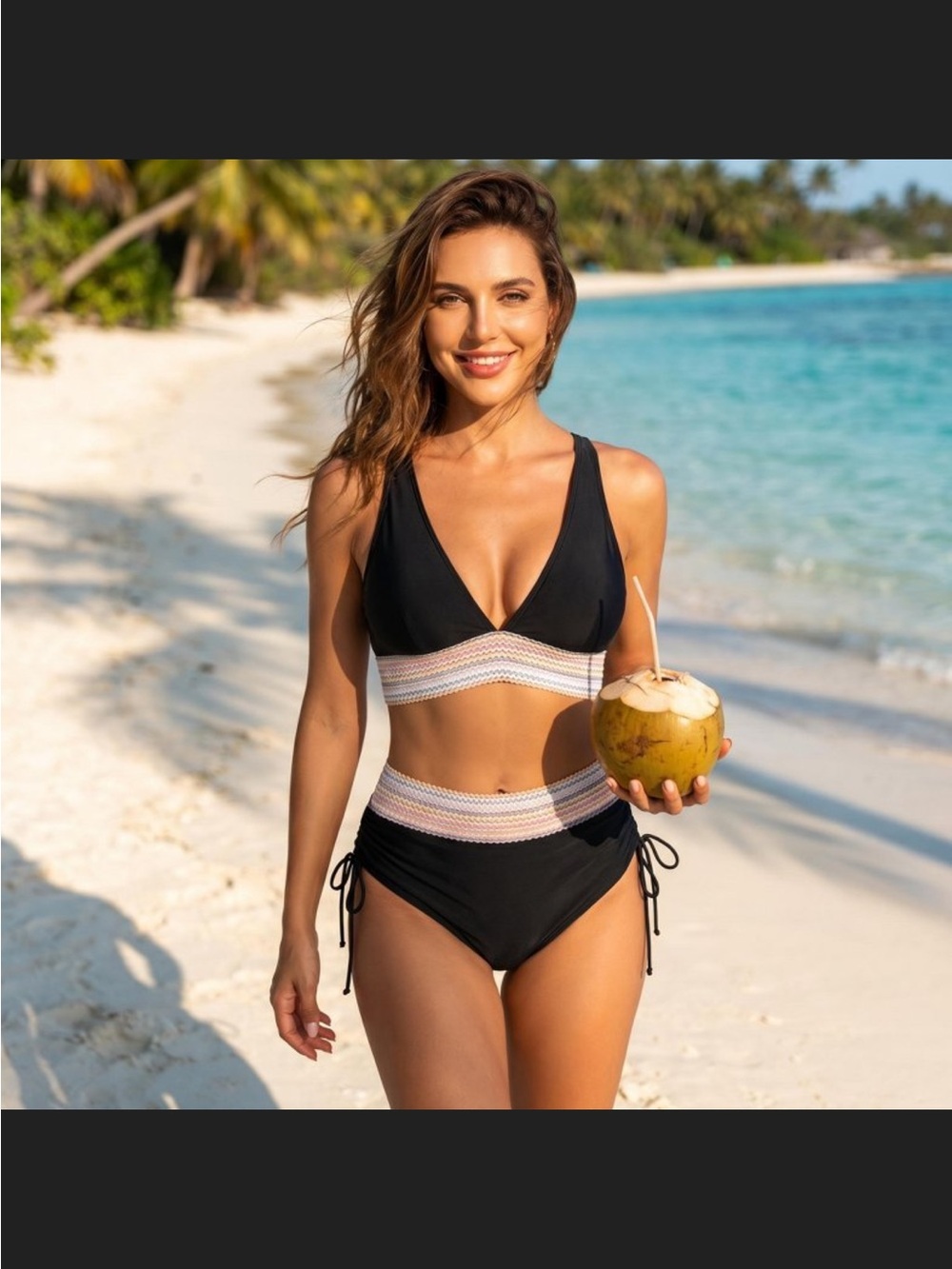 Women’s Black Two-Piece High-Waist Tummy Control Color Block Halter Swim Set